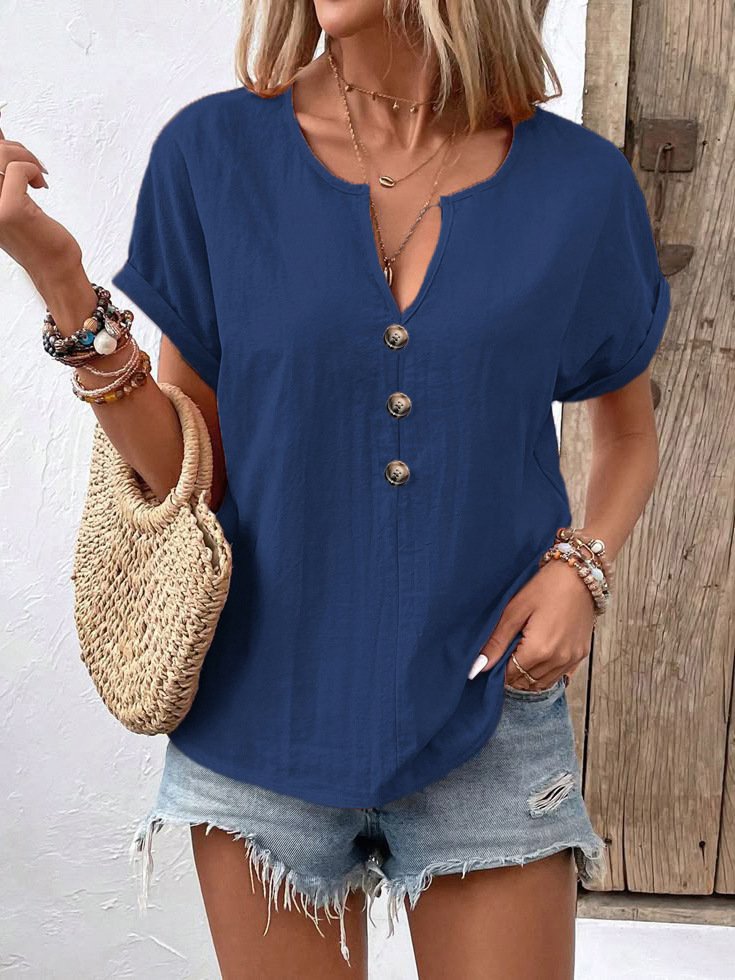 Damen Unifarben Kurzarm T-Shirts T-Shirt V-Ausschnitt Lässig Sommer Oberteile