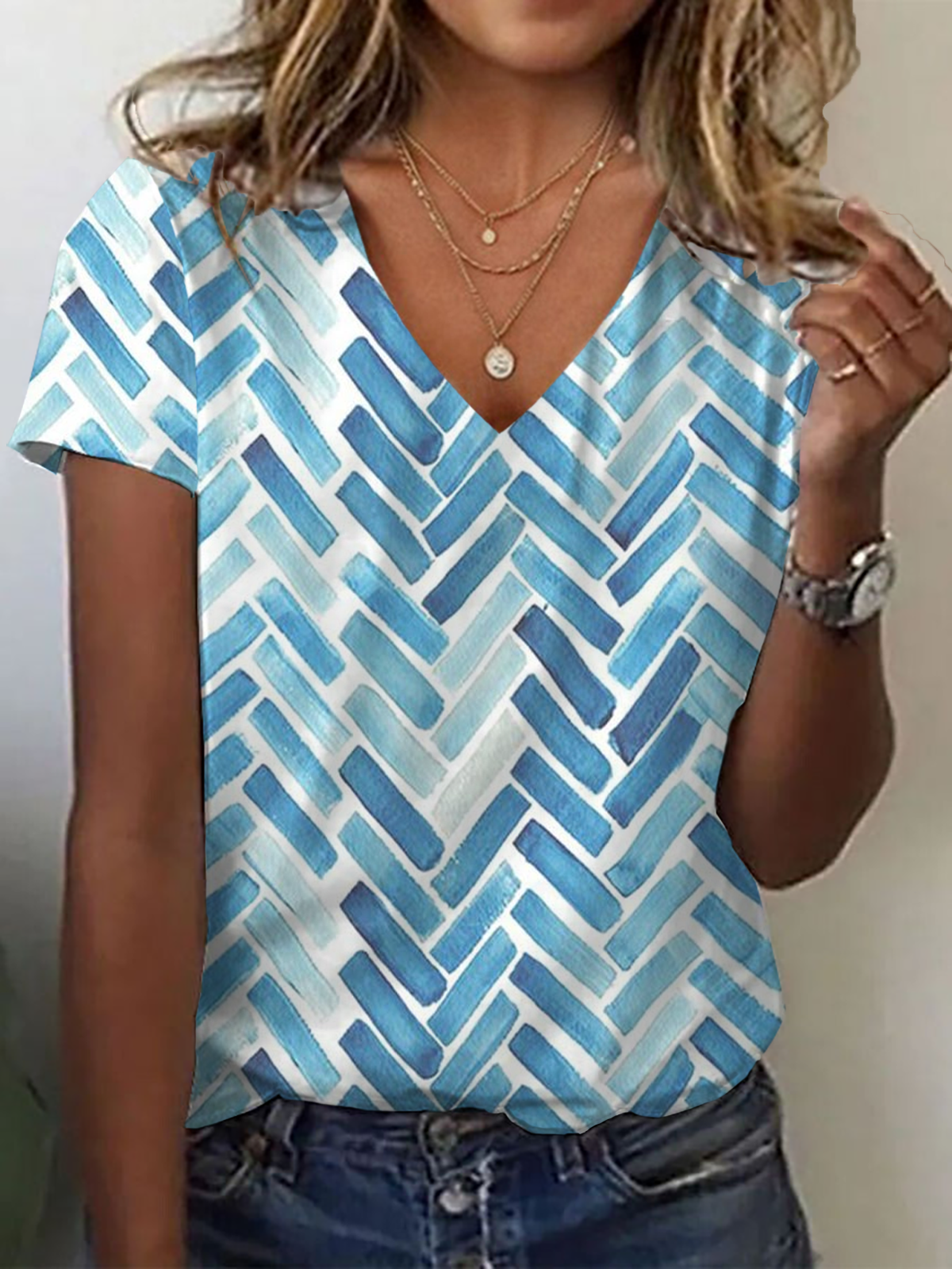 Damen Geometrisch Kurzarm T-Shirts T-Shirt V-Ausschnitt Print Lässig Sommer T-Shirt mit Grafik Oberteile