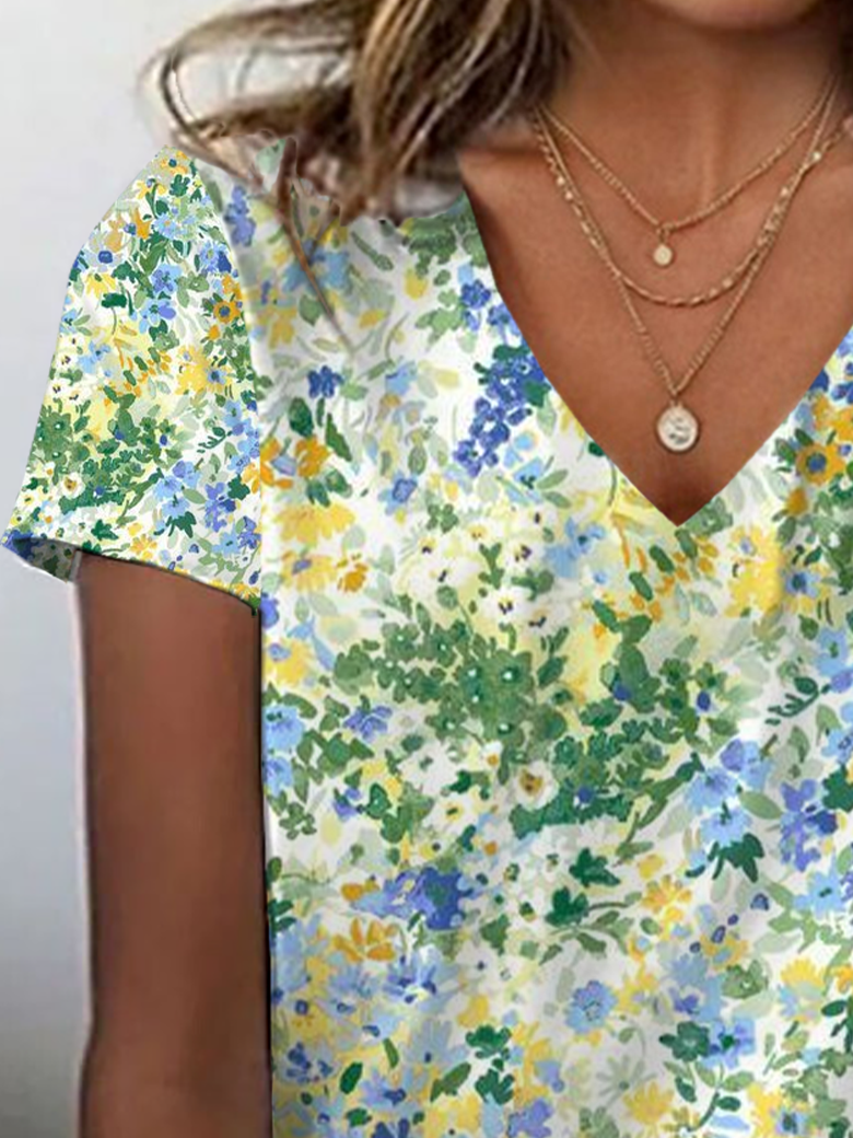 Damen Geblümt Kurzarm T-Shirts T-Shirt V-Ausschnitt Print Lässig Sommer T-Shirt mit Grafik Oberteile