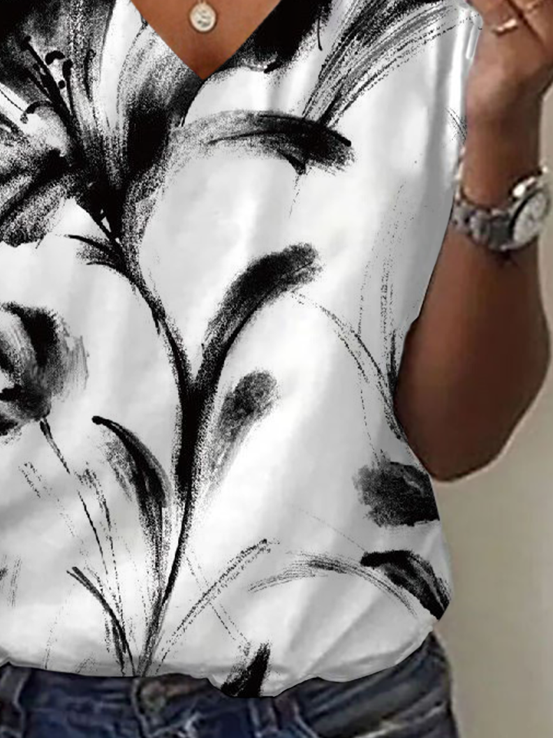 Damen Geblümt Kurzarm T-Shirts T-Shirt V-Ausschnitt Print Lässig Sommer T-Shirt mit Grafik Oberteile