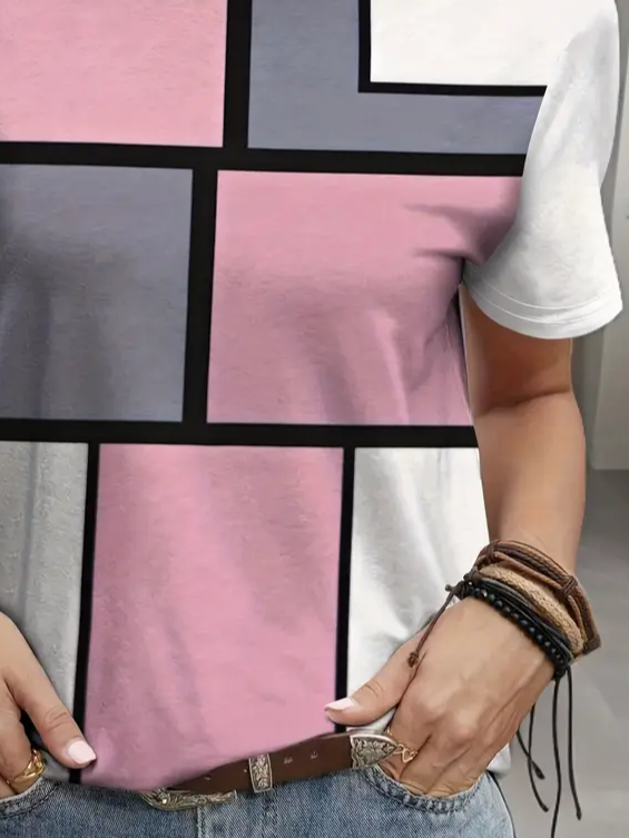 Damen Geometrisch Kurzarm T-Shirts T-Shirt Rundhals Print Lässig Sommer T-Shirt mit Grafik Oberteile