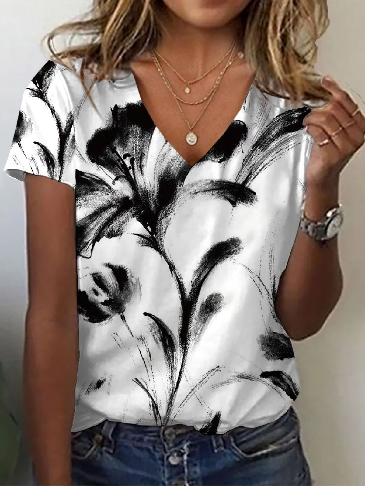 Damen Geblümt Kurzarm T-Shirts T-Shirt V-Ausschnitt Print Lässig Sommer T-Shirt mit Grafik Oberteile