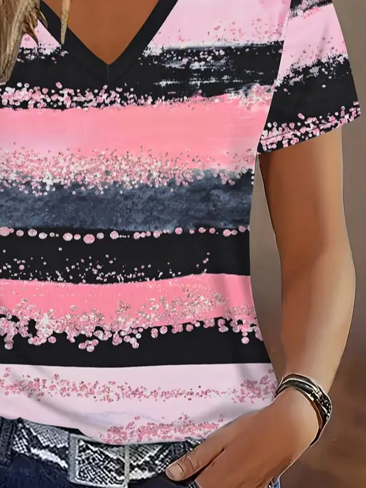 Damen Gestreift Kurzarm T-Shirts T-Shirt V-Ausschnitt Print Lässig Sommer T-Shirt mit Grafik Oberteile