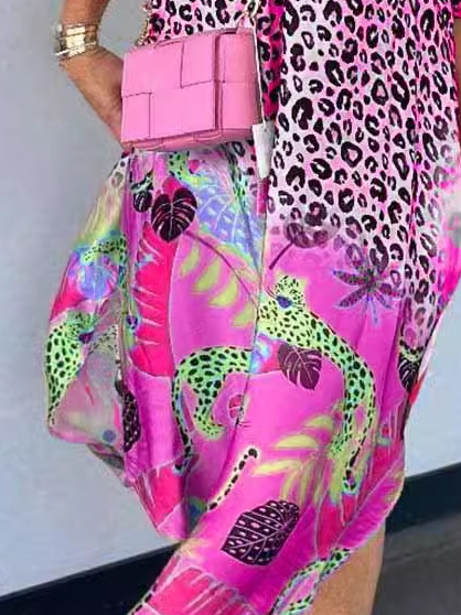 Damen Geblümt Kurzarm Sommer Kleid Halb offener Kragen Täglich Retro Maxikleid Blusenkleid A-Linien-Kleid