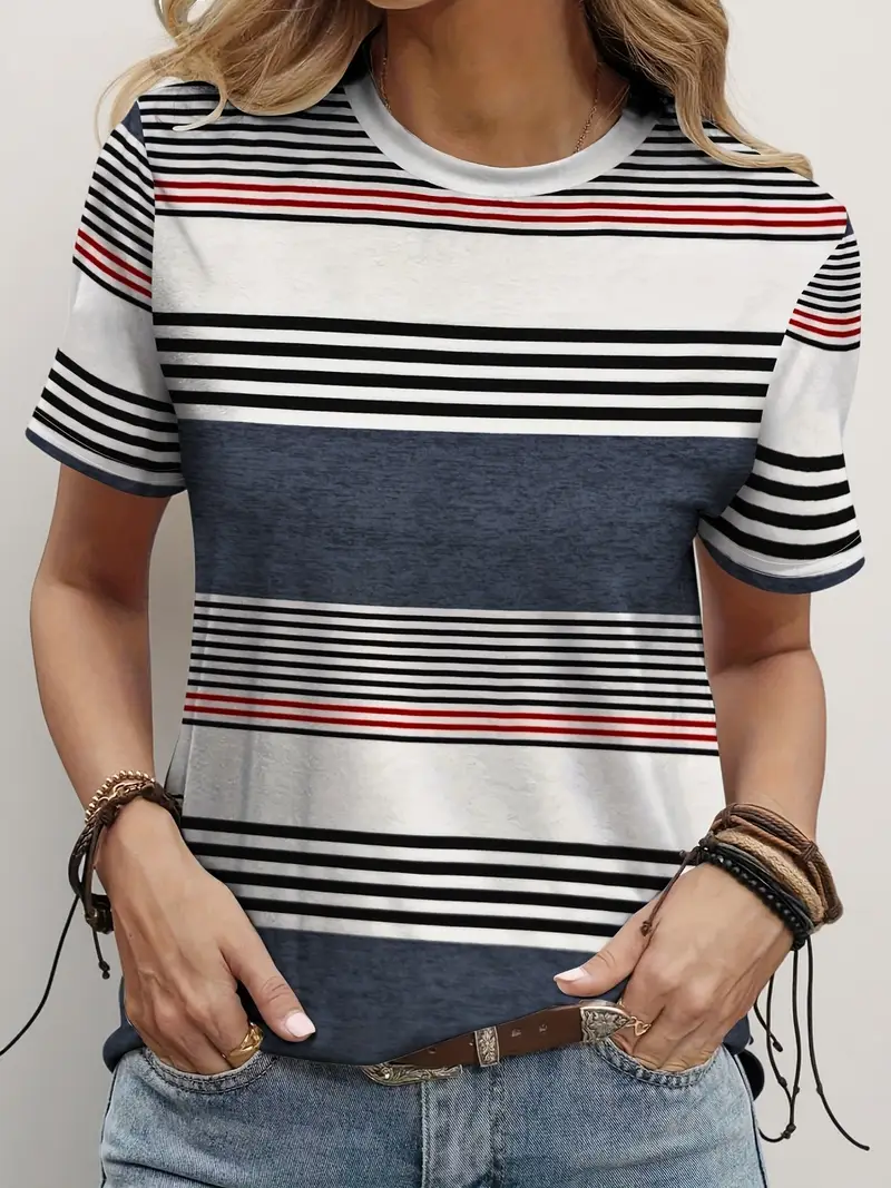 Damen Gestreift Kurzarm T-Shirts T-Shirt Rundhals Print Lässig Sommer T-Shirt mit Grafik Oberteile