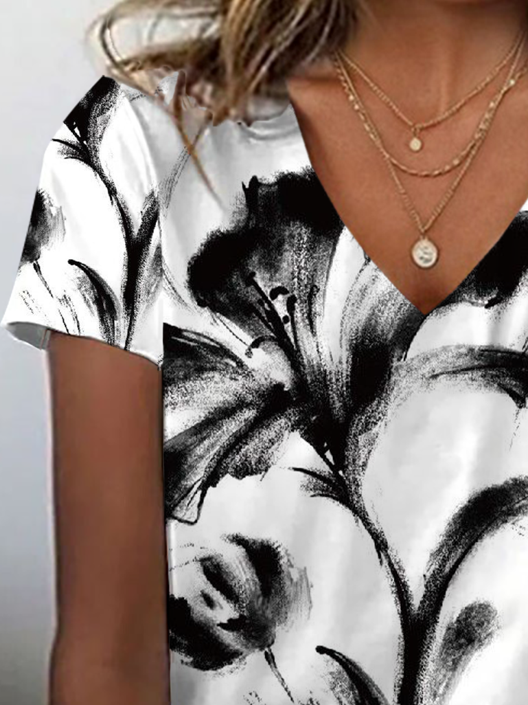 Damen Geblümt Kurzarm T-Shirts T-Shirt V-Ausschnitt Print Lässig Sommer T-Shirt mit Grafik Oberteile