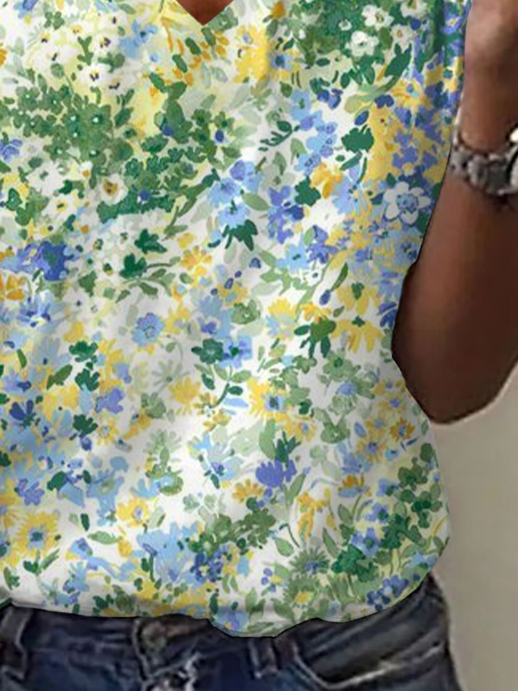 Damen Geblümt Kurzarm T-Shirts T-Shirt V-Ausschnitt Print Lässig Sommer T-Shirt mit Grafik Oberteile