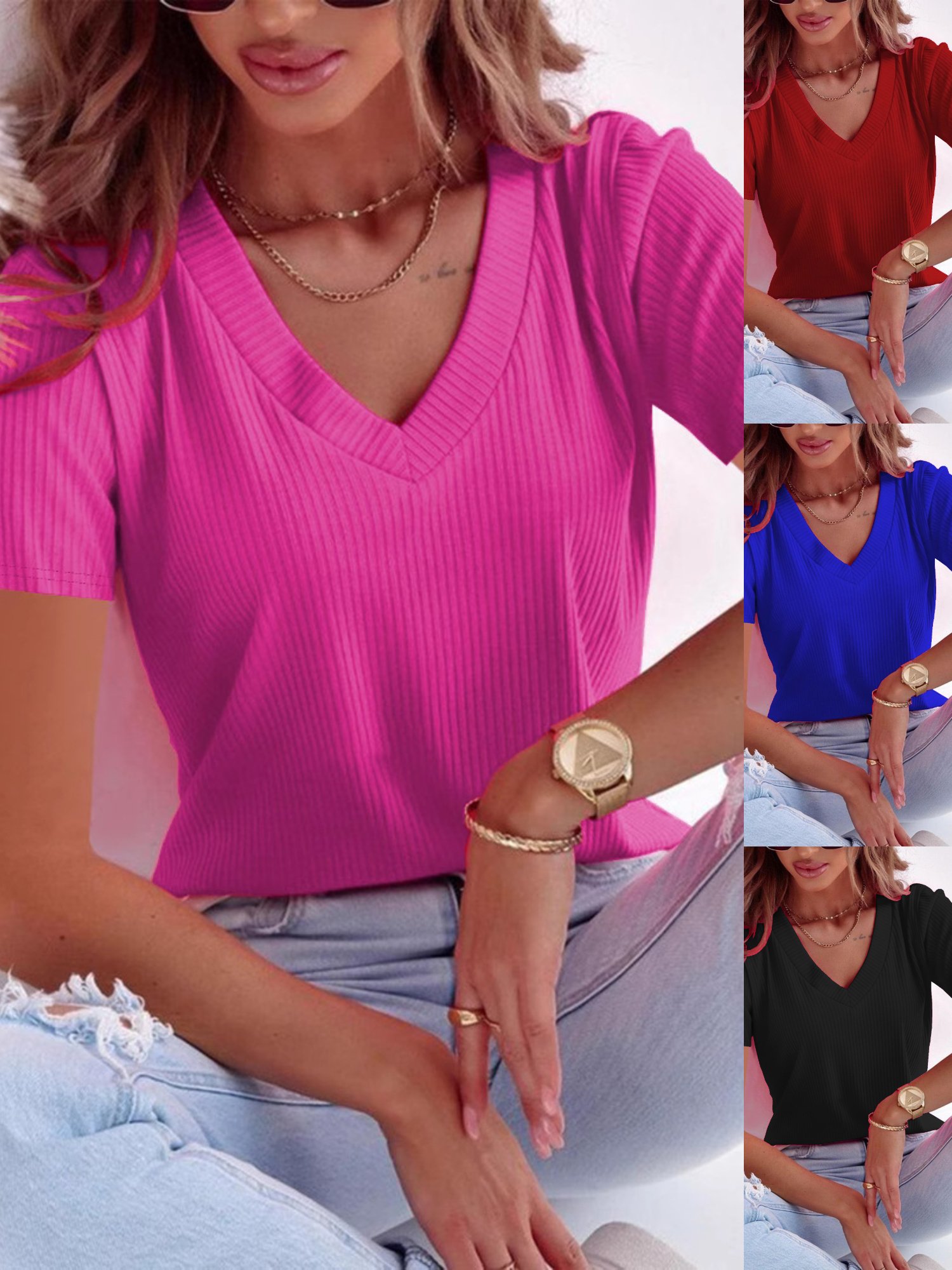 Damen Unifarben Kurzarm T-Shirts T-Shirt V-Ausschnitt Lässig Sommer Oberteile