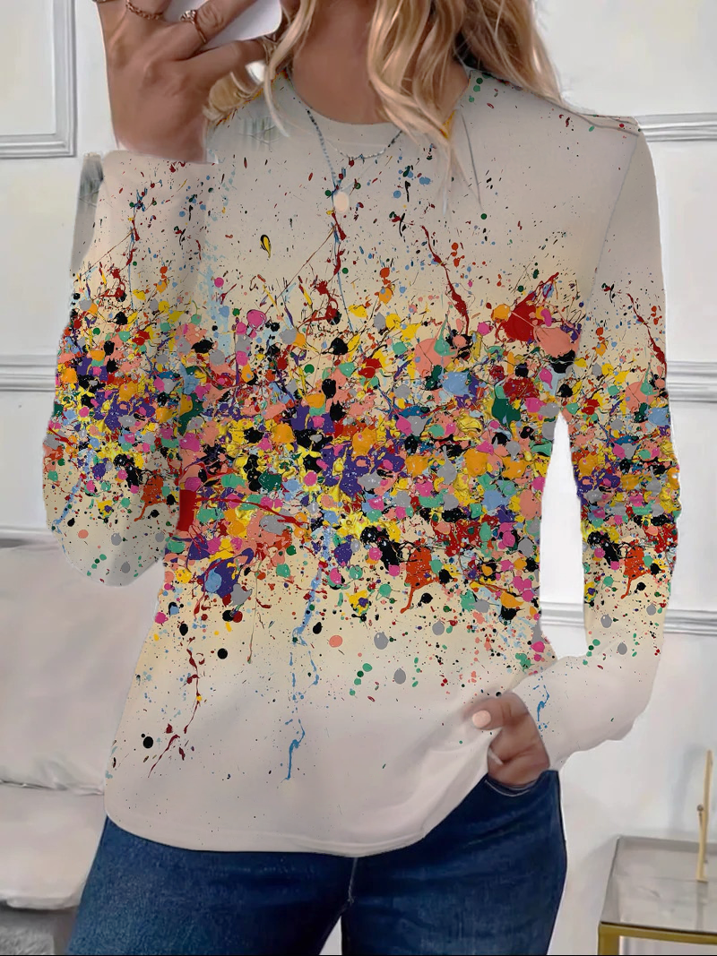 Damen Abstrakt Langarm T-Shirts T-Shirt Rundhals Print Lässig Frühling/Herbst T-Shirt mit Grafik Oberteile
