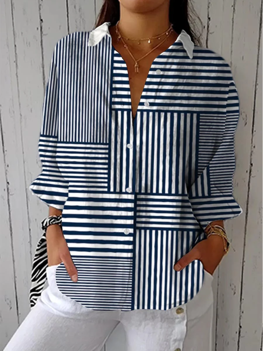 Damen Gestreift Dreiviertelärmel Bluse Frühling/Herbst Print Hemdkragen Täglich Lässig Oberteile
