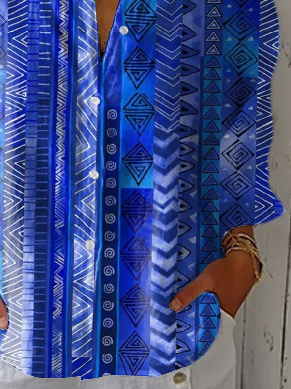 Damen Geometrisch Dreiviertelärmel Bluse Frühling/Herbst Print Hemdkragen Täglich Lässig Oberteile