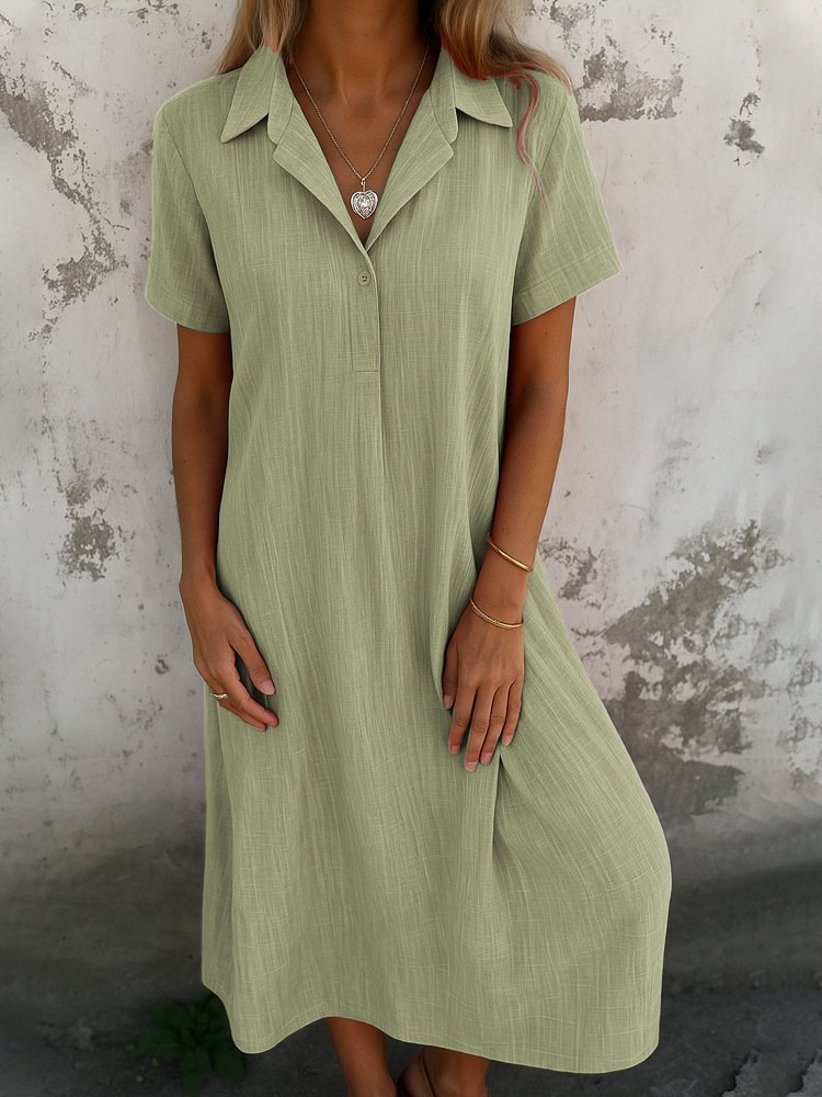 Damen Unifarben Kurzarm Sommer Kleid Hemdkragen Täglich Lässig Maxikleid A-Linien-Kleid