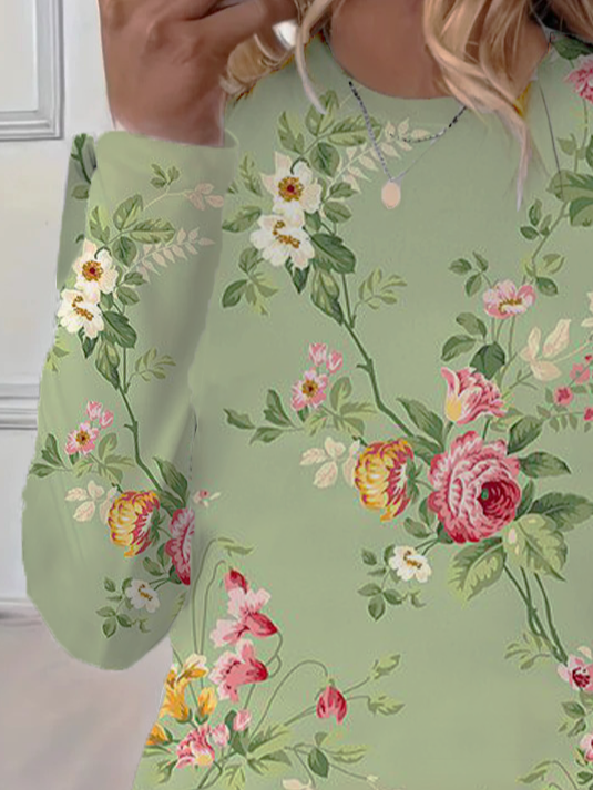 Damen Geblümt Langarm T-Shirts T-Shirt Rundhals Print Lässig Frühling/Herbst T-Shirt mit Grafik Oberteile