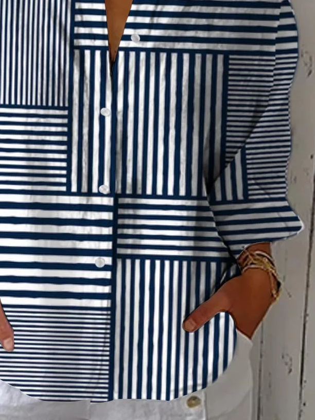 Damen Gestreift Dreiviertelärmel Bluse Frühling/Herbst Print Hemdkragen Täglich Lässig Oberteile