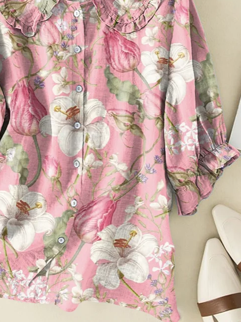 Damen Geblümt Kurzarm Bluse Sommer Print Schalkragen Täglich Lässig Oberteile