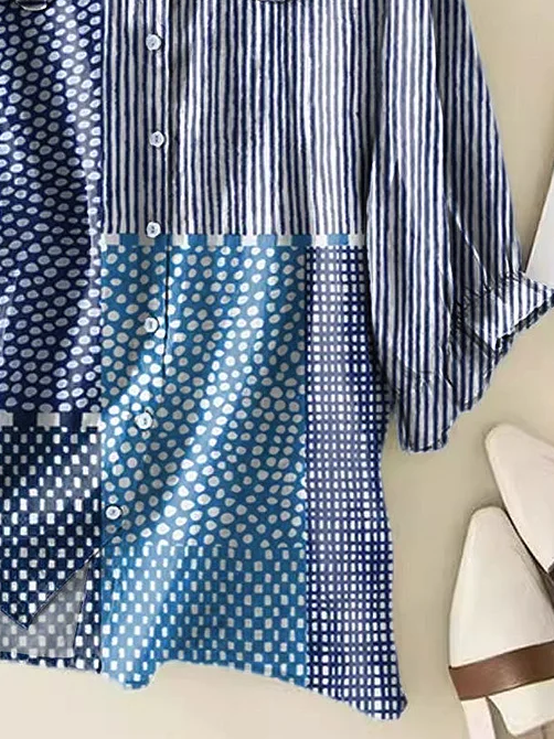Damen Gestreift Kurzarm Bluse Sommer Print Schalkragen Täglich Lässig Oberteile