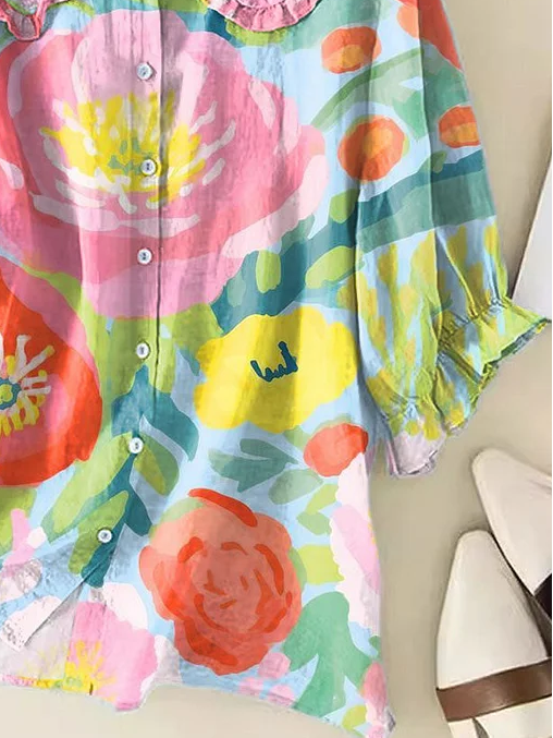 Damen Geblümt Kurzarm Bluse Sommer Print Schalkragen Täglich Lässig Oberteile