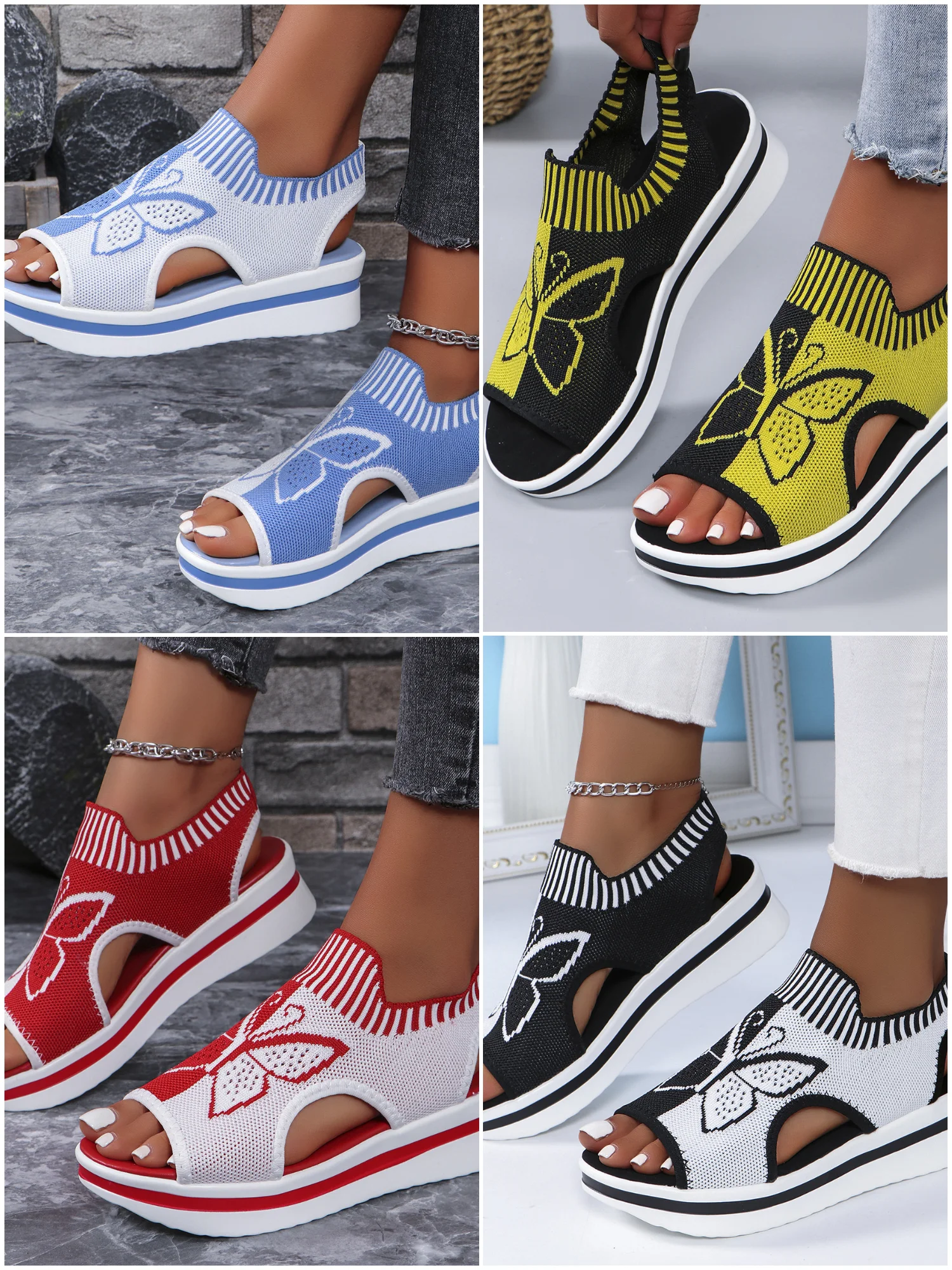Damen Sommer Neu Freizeit Fliegend Gewebe Hohl Mesh Fisch Mund Strand Damen Sport Stil Pantolette
