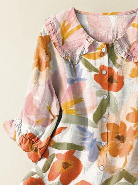 Damen Geblümt Kurzarm Bluse Sommer Print Schalkragen Täglich Lässig Oberteile