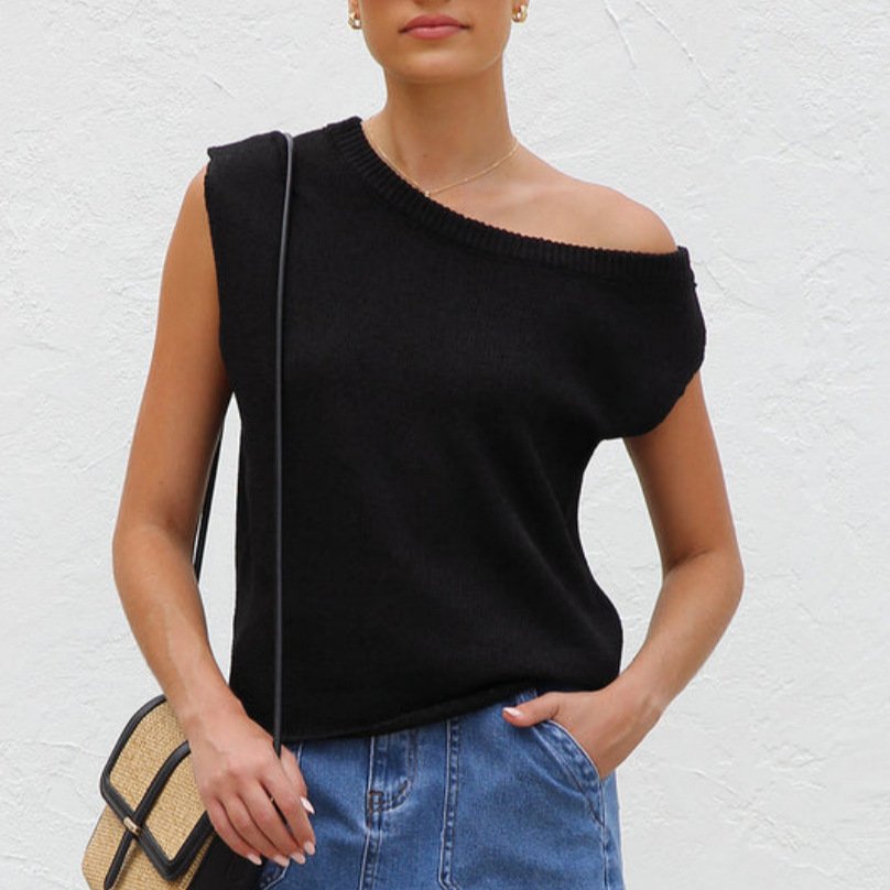 Damen Strickwaren Y2K Sommer Stricken Pullover gebogen Perlen Eisseide Stoff Gestrickt Pullover Schräg Schulter Rundhals Oberteile