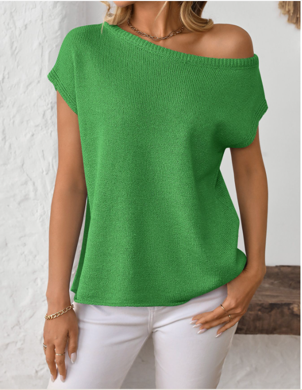 Damen Strickwaren Y2K Sommer Stricken Pullover gebogen Perlen Eisseide Stoff Gestrickt Pullover Schräg Schulter Rundhals Oberteile