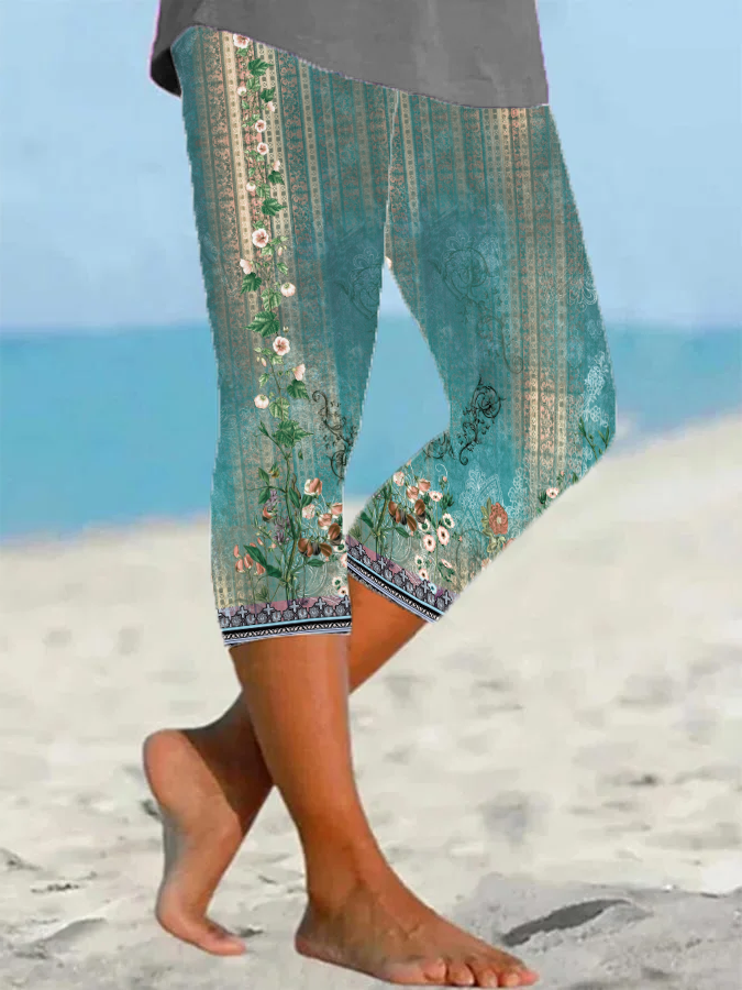 Damen Geblümt Caprihosen Elastische Taille Hose Lässig Sommer Hose