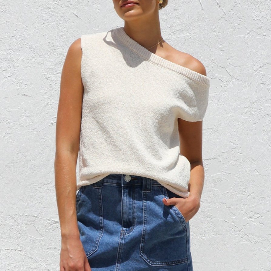 Damen Strickwaren Y2K Sommer Stricken Pullover gebogen Perlen Eisseide Stoff Gestrickt Pullover Schräg Schulter Rundhals Oberteile