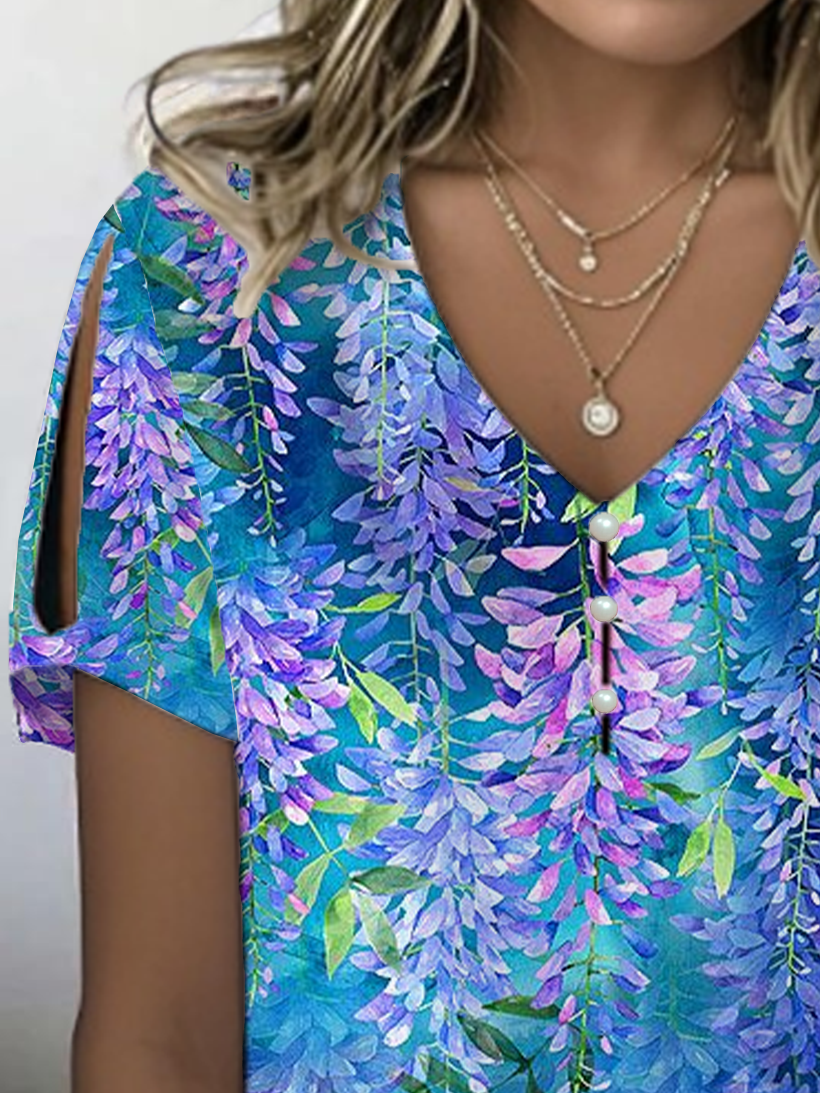 Damen Geblümt Kurzarm T-Shirts T-Shirt V-Ausschnitt Print Lässig Sommer T-Shirt mit Grafik Oberteile