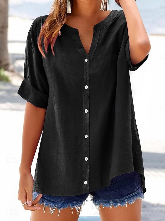 Damen Unifarben Kurzarm Bluse Sommer V-Ausschnitt Täglich Lässig Oberteile