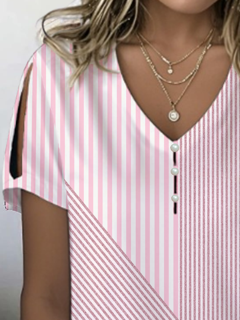 Damen Gestreift Kurzarm T-Shirts T-Shirt V-Ausschnitt Print Lässig Sommer T-Shirt mit Grafik Oberteile