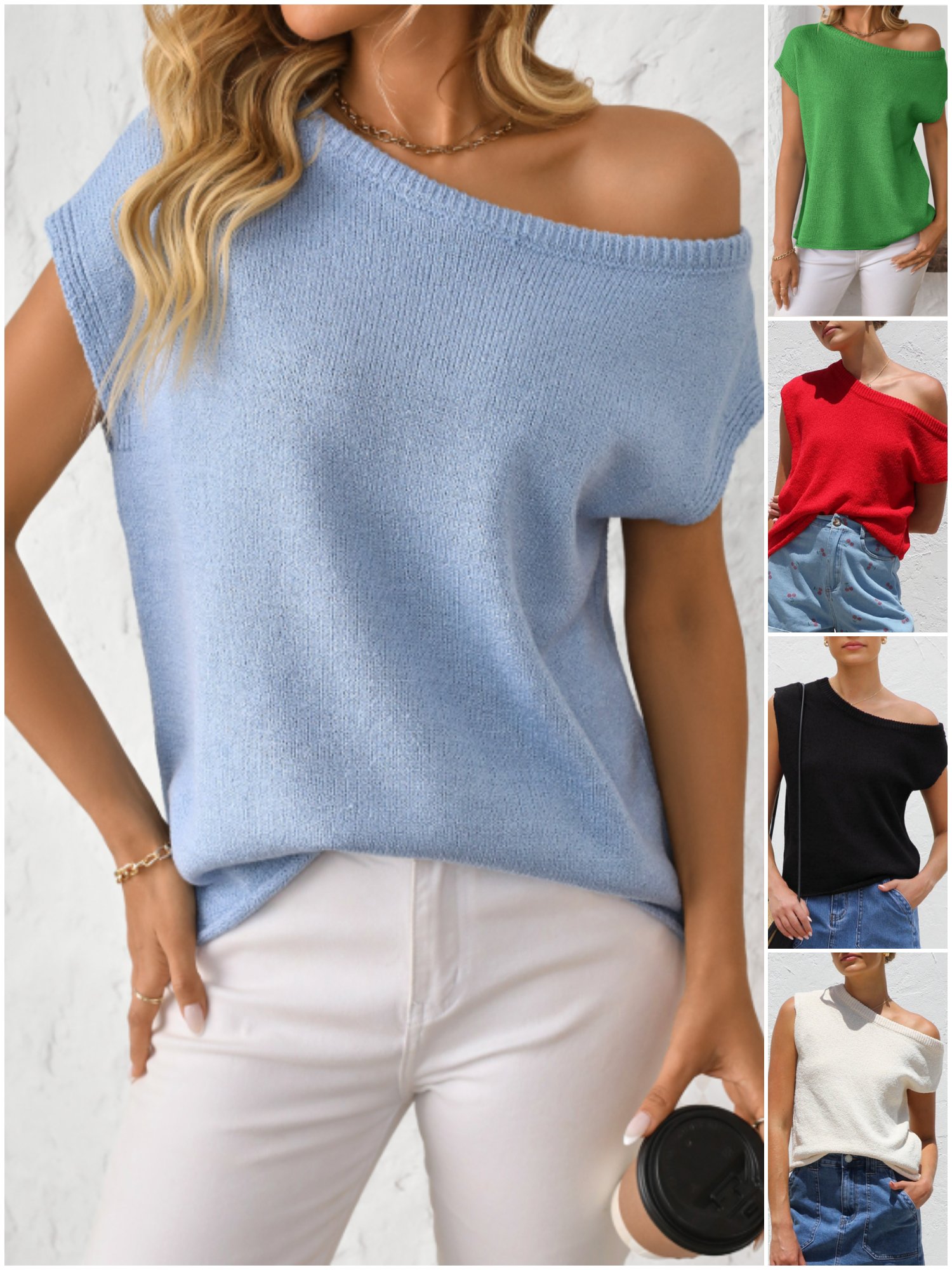 Damen Strickwaren Y2K Sommer Stricken Pullover gebogen Perlen Eisseide Stoff Gestrickt Pullover Schräg Schulter Rundhals Oberteile