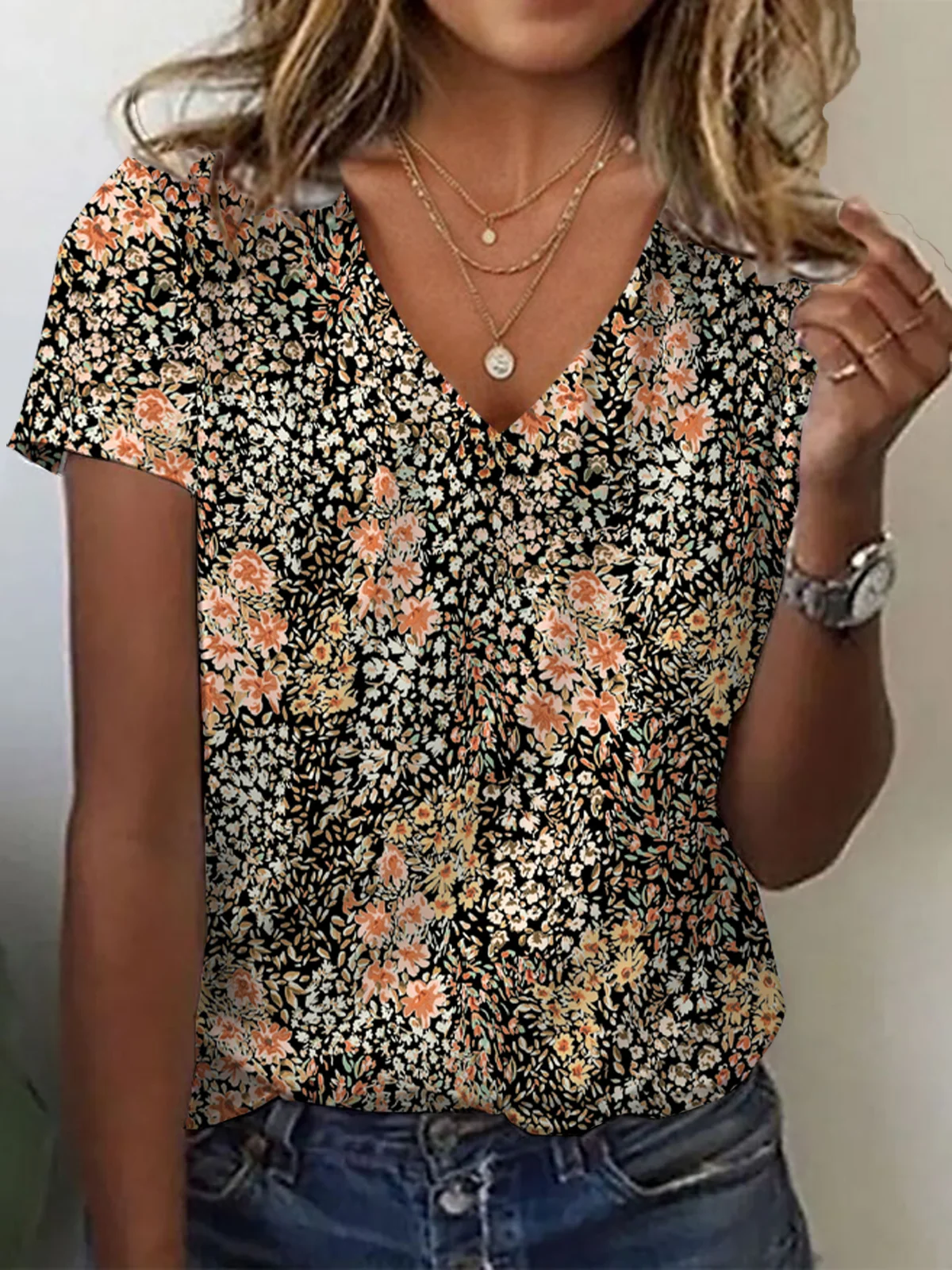 Damen Geblümt Kurzarm T-Shirts T-Shirt V-Ausschnitt Print Lässig Sommer T-Shirt mit Grafik Oberteile
