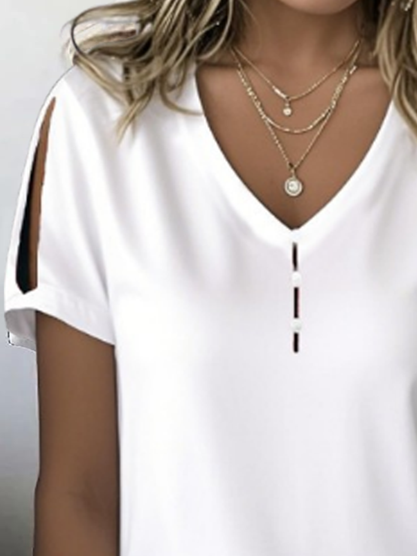 Damen Unifarben Kurzarm T-Shirts T-Shirt V-Ausschnitt Print Lässig Sommer Oberteile