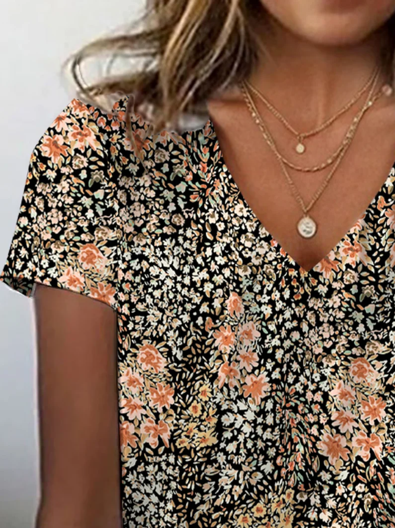 Damen Geblümt Kurzarm T-Shirts T-Shirt V-Ausschnitt Print Lässig Sommer T-Shirt mit Grafik Oberteile