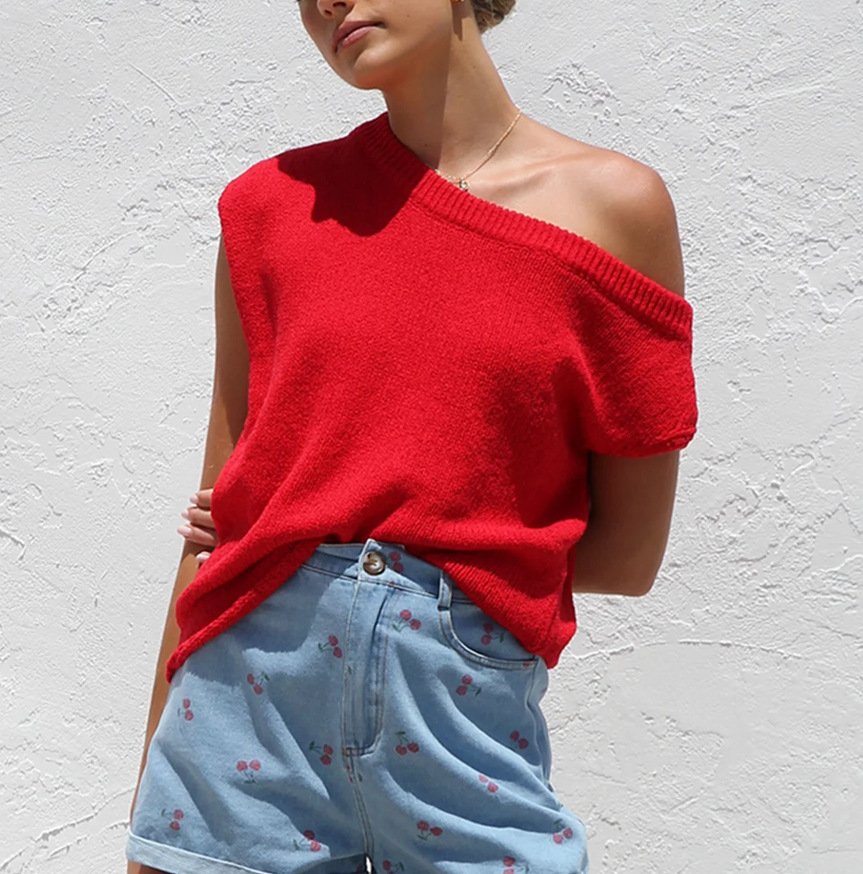 Damen Strickwaren Y2K Sommer Stricken Pullover gebogen Perlen Eisseide Stoff Gestrickt Pullover Schräg Schulter Rundhals Oberteile