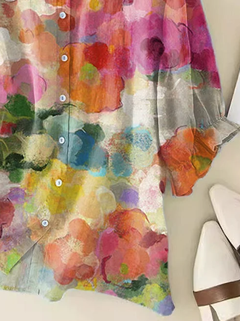 Damen Geblümt Kurzarm Bluse Sommer Print Schalkragen Täglich Lässig Oberteile