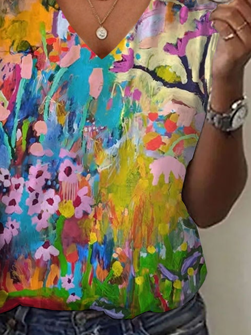 Damen Geblümt Kurzarm T-Shirts T-Shirt V-Ausschnitt Print Lässig Sommer T-Shirt mit Grafik Oberteile