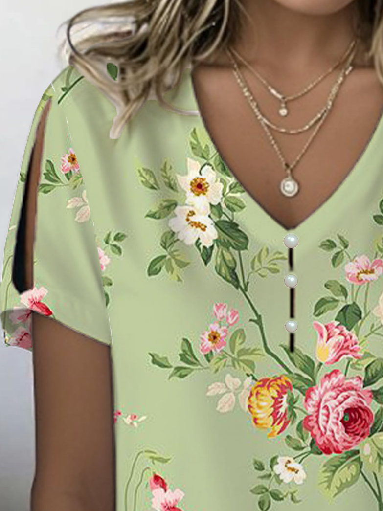 Damen Geblümt Kurzarm T-Shirts T-Shirt V-Ausschnitt Print Lässig Sommer T-Shirt mit Grafik Oberteile