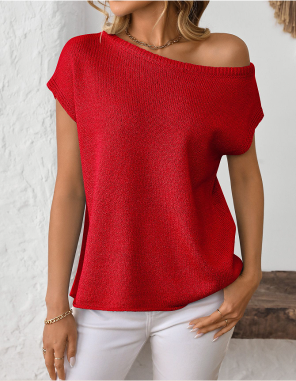 Damen Strickwaren Y2K Sommer Stricken Pullover gebogen Perlen Eisseide Stoff Gestrickt Pullover Schräg Schulter Rundhals Oberteile