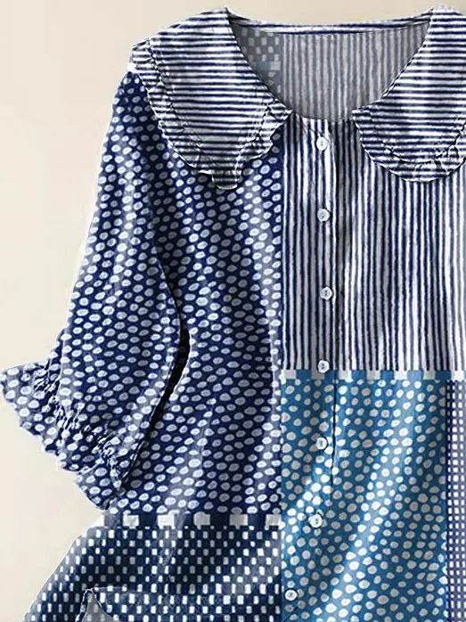 Damen Gestreift Kurzarm Bluse Sommer Print Schalkragen Täglich Lässig Oberteile