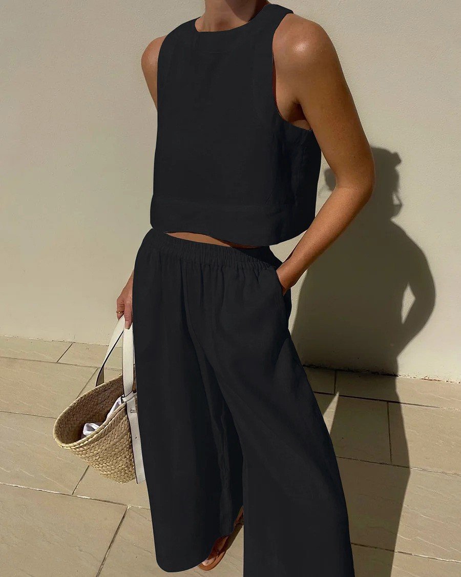 Damen Unifarben Zweiteiliges Set Täglich Ärmellos Lässig Sommer Bluse mit Hose Matching Set