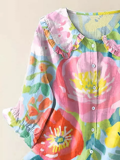 Damen Geblümt Kurzarm Bluse Sommer Print Schalkragen Täglich Lässig Oberteile
