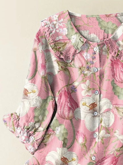 Damen Geblümt Kurzarm Bluse Sommer Print Schalkragen Täglich Lässig Oberteile