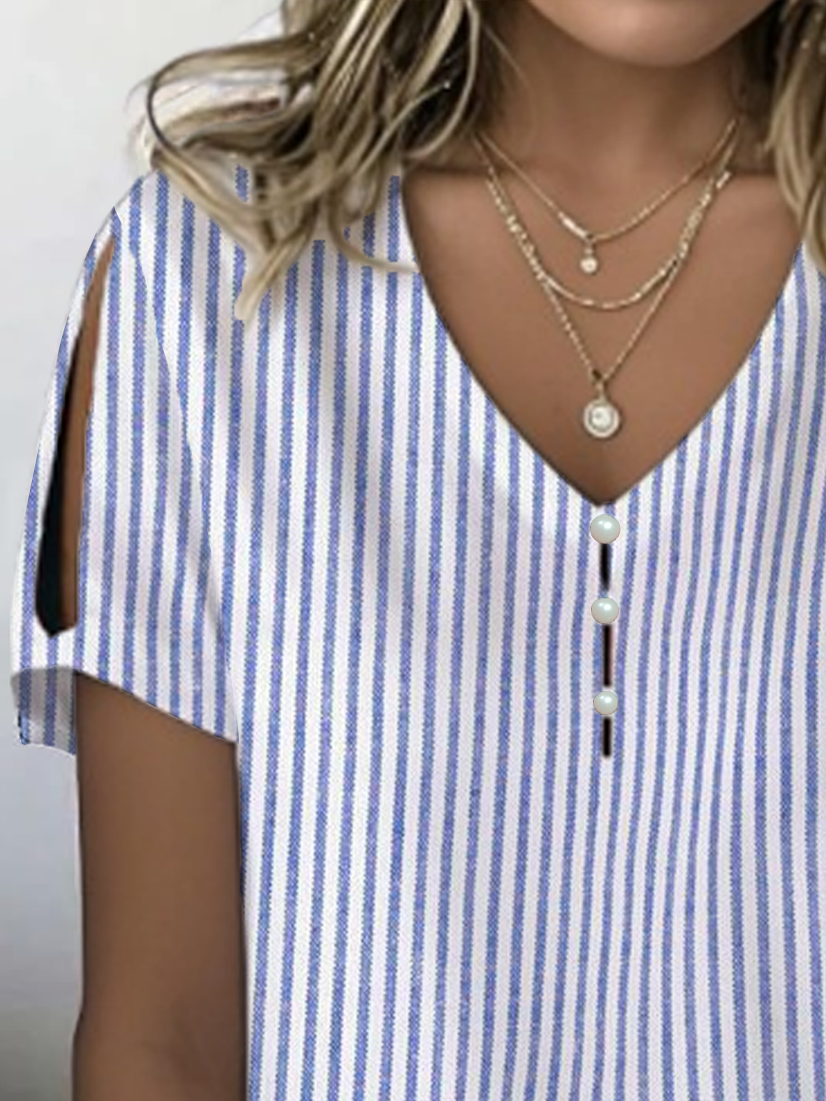 Damen Gestreift Kurzarm T-Shirts T-Shirt V-Ausschnitt Print Lässig Sommer T-Shirt mit Grafik Oberteile