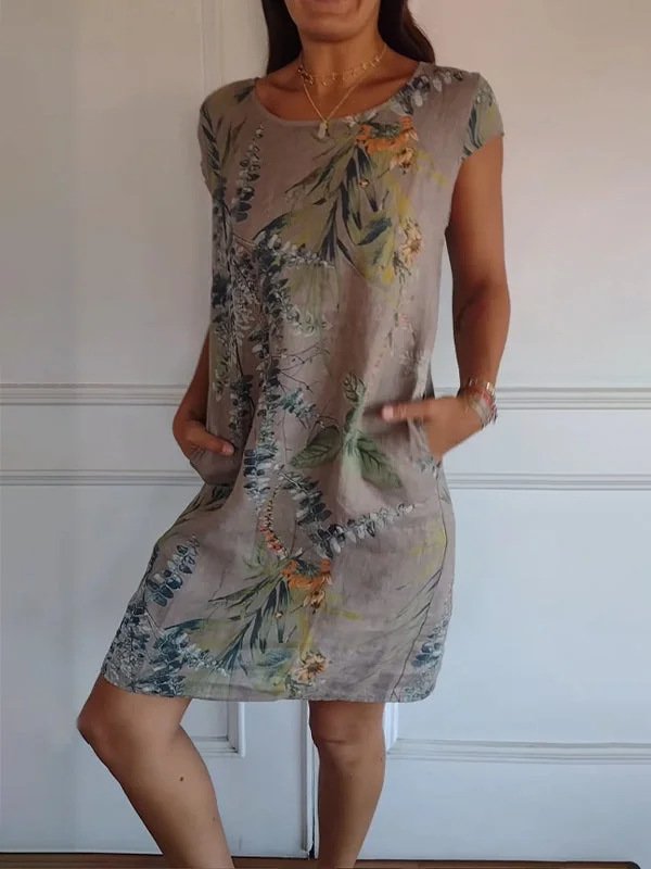 Damen Blätter Ärmellos Sommer Taschennähen Kleid Rundhals Täglich Lässig Mini Passen & Flare Kleid A-Linien-Kleid