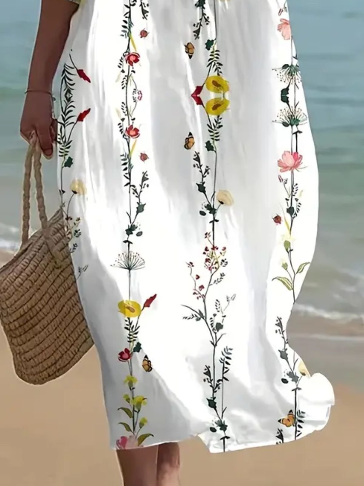 Damen Geblümt Kurzarm Sommer Kleid Rundhals Täglich Lässig Maxikleid A-Linien-Kleid