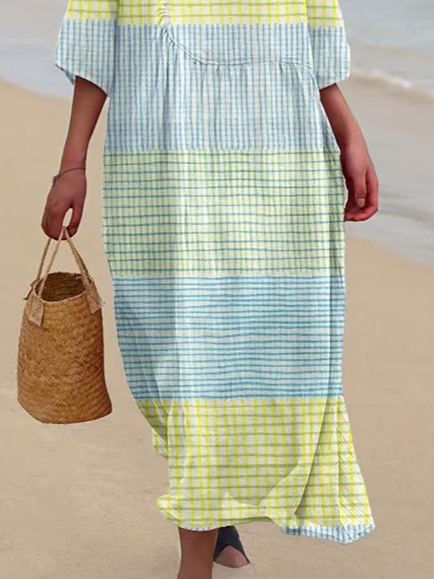 Damen Gestreift Halbarm Sommer Print Kleid Rundhals Täglich Lässig Maxikleid H-Linie Kleid