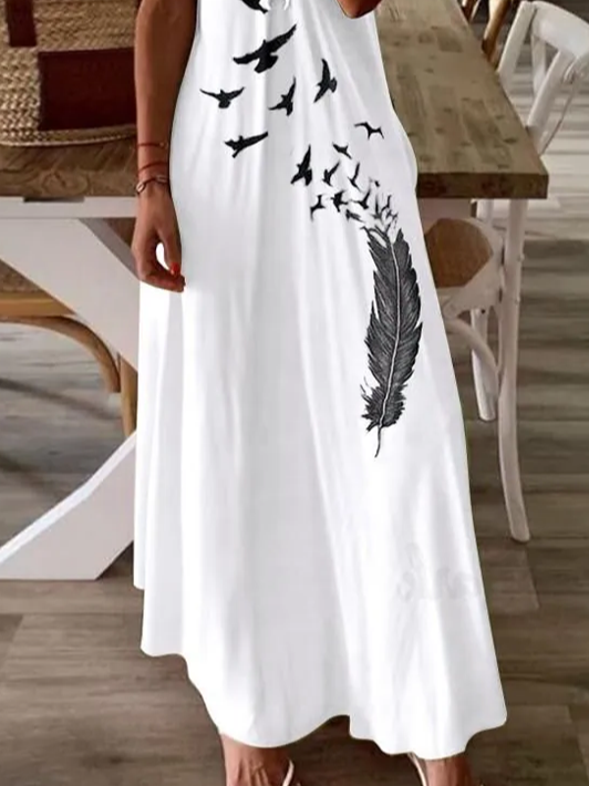 Damen Vogel Ärmellos Sommer Print Kleid V-Ausschnitt Täglich Lässig Maxikleid Unterhose Kleid X-Linie Kleid