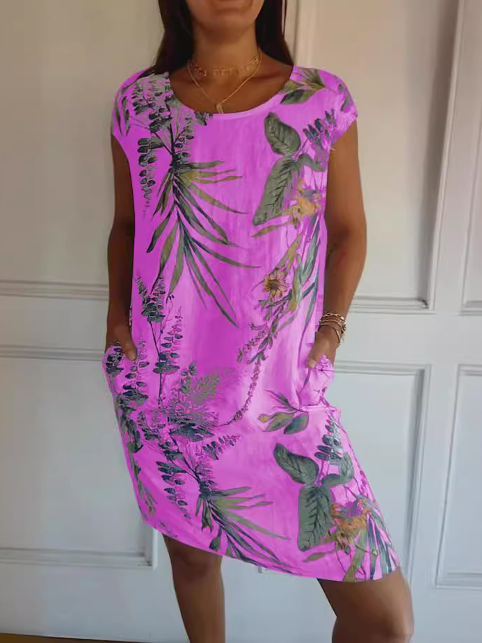 Damen Blätter Ärmellos Sommer Taschennähen Kleid Rundhals Täglich Lässig Mini Passen & Flare Kleid A-Linien-Kleid