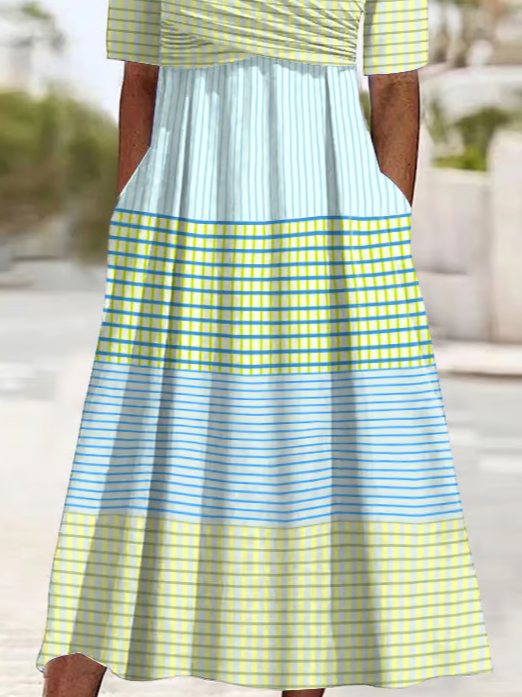 Damen Gestreift Kurzarm Sommer Print Kleid V-Ausschnitt Täglich Lässig Maxikleid A-Linien-Kleid